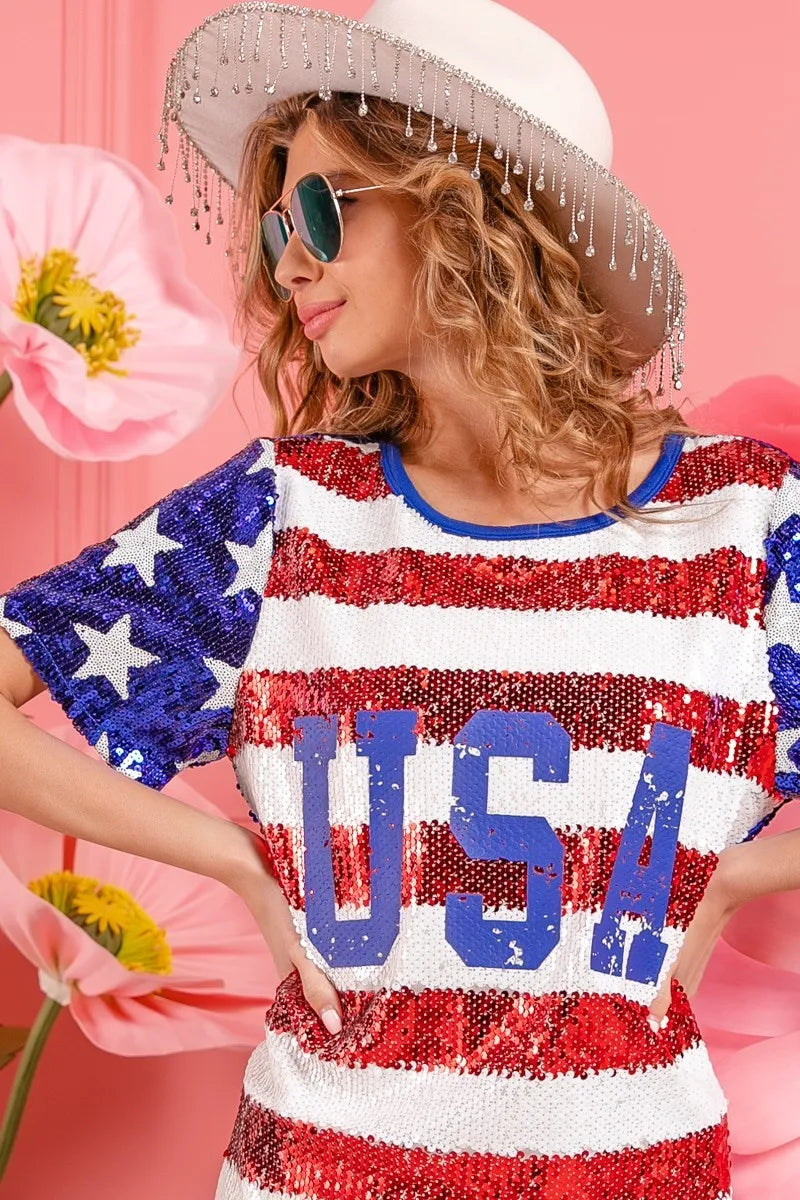 BiBi American Flag Theme Usa Print Sequin Dress