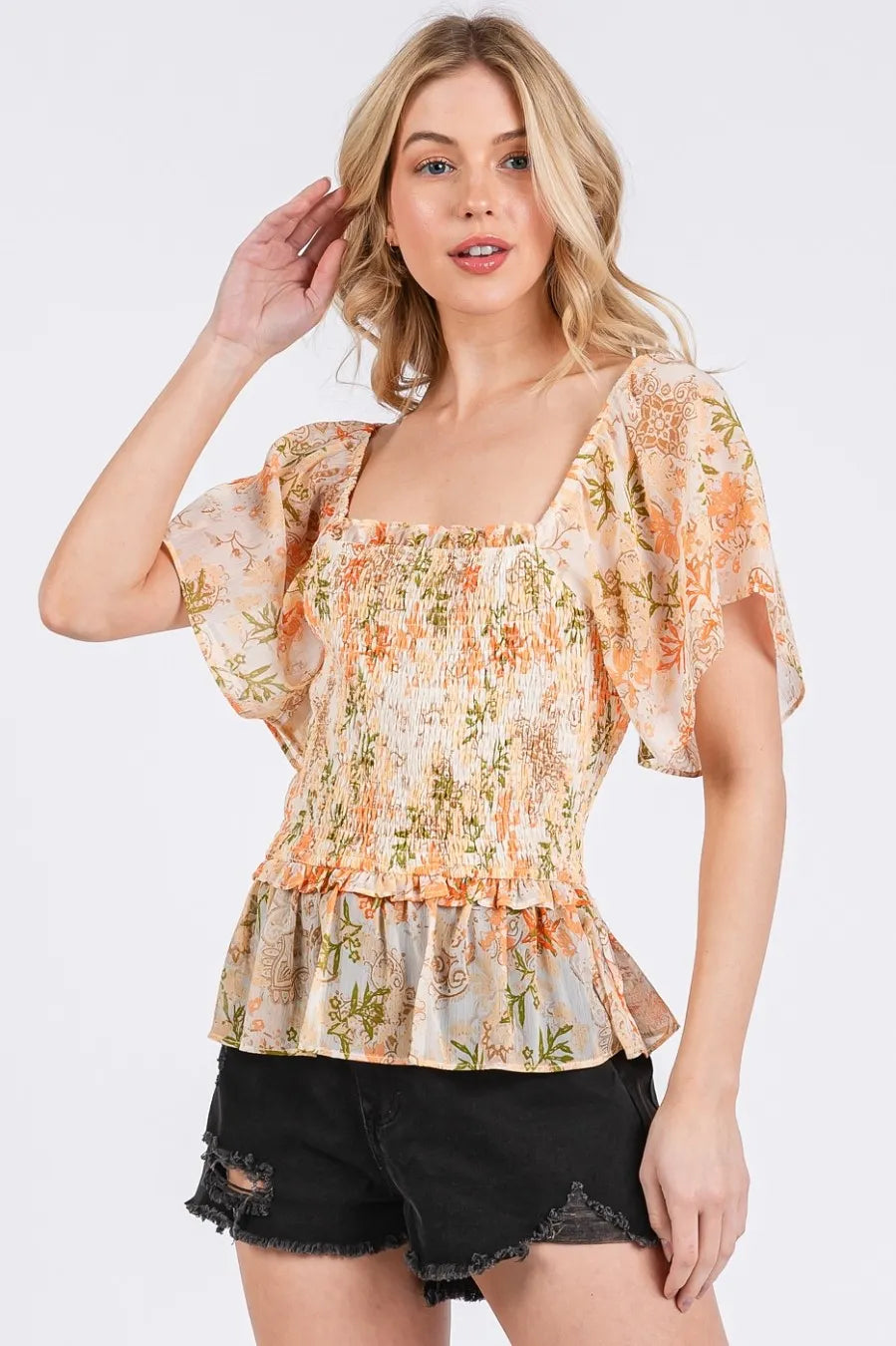Mittoshop Floral Chiffon Smocked Square Neck Peplum Top