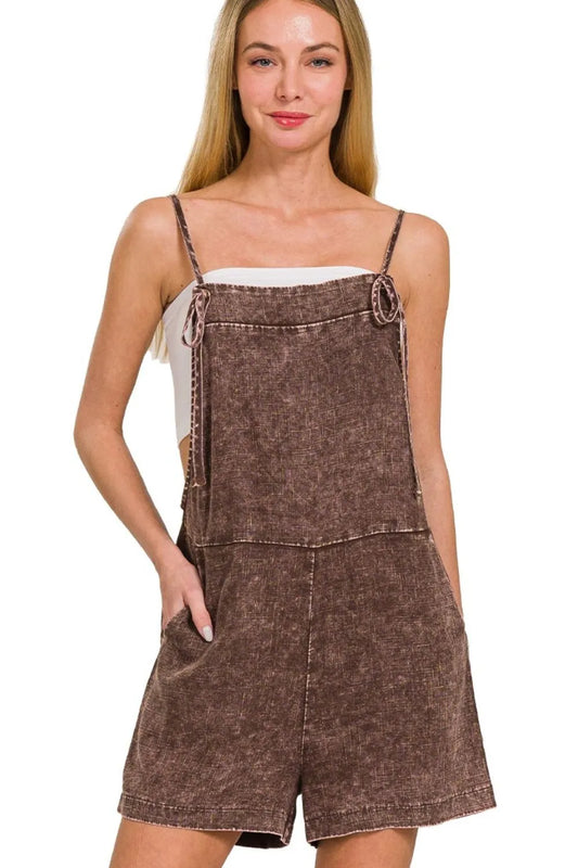 Zenana Washed Linen Knot Strap Rompers