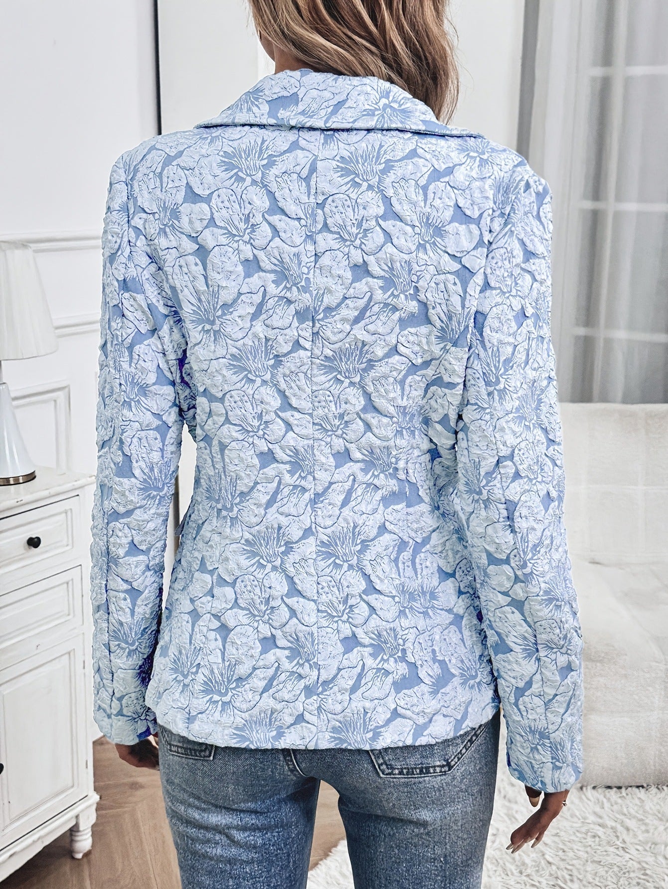Sky Blue Floral Chenille Blazer - Textured Princess Sleeve Jacket