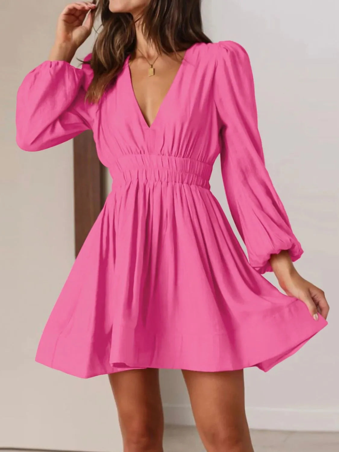 Ruched V-Neck Balloon Sleeve Mini Dress