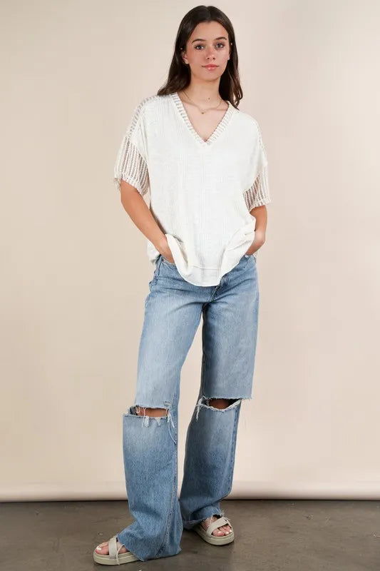 VERY J Oversized Contrast Knit Comfy Casual Top