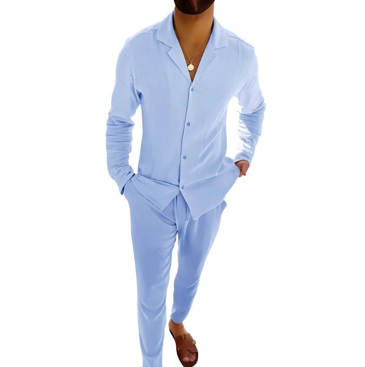 Men's Cotton Long Sleeve Lapel Shirt & Slim Fit Pants Set