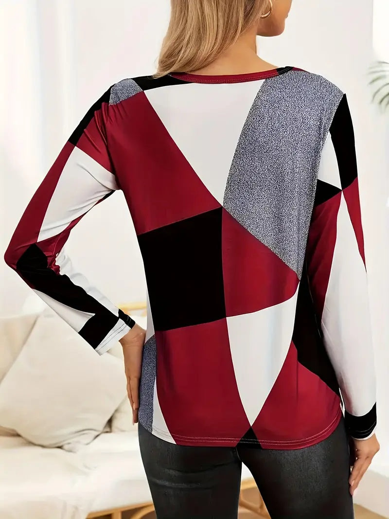 Geo Bold Colorblock Long Sleeve Tee - Red White Charcoal