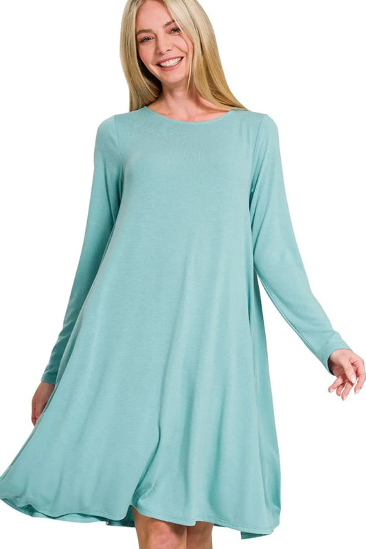 Zenana Long Sleeve Flare Dress With Pockets