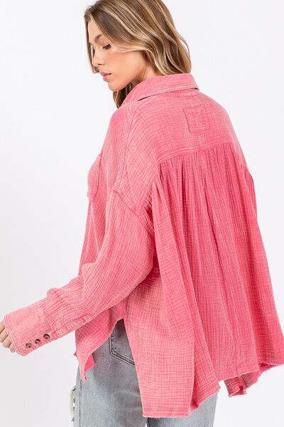 SAGE FIG Frayed Hem Side Slit Button Down Shirt