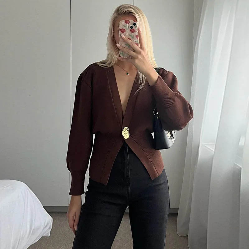 Deep V Button Cardigan - Polyester Knit Statement Sweater