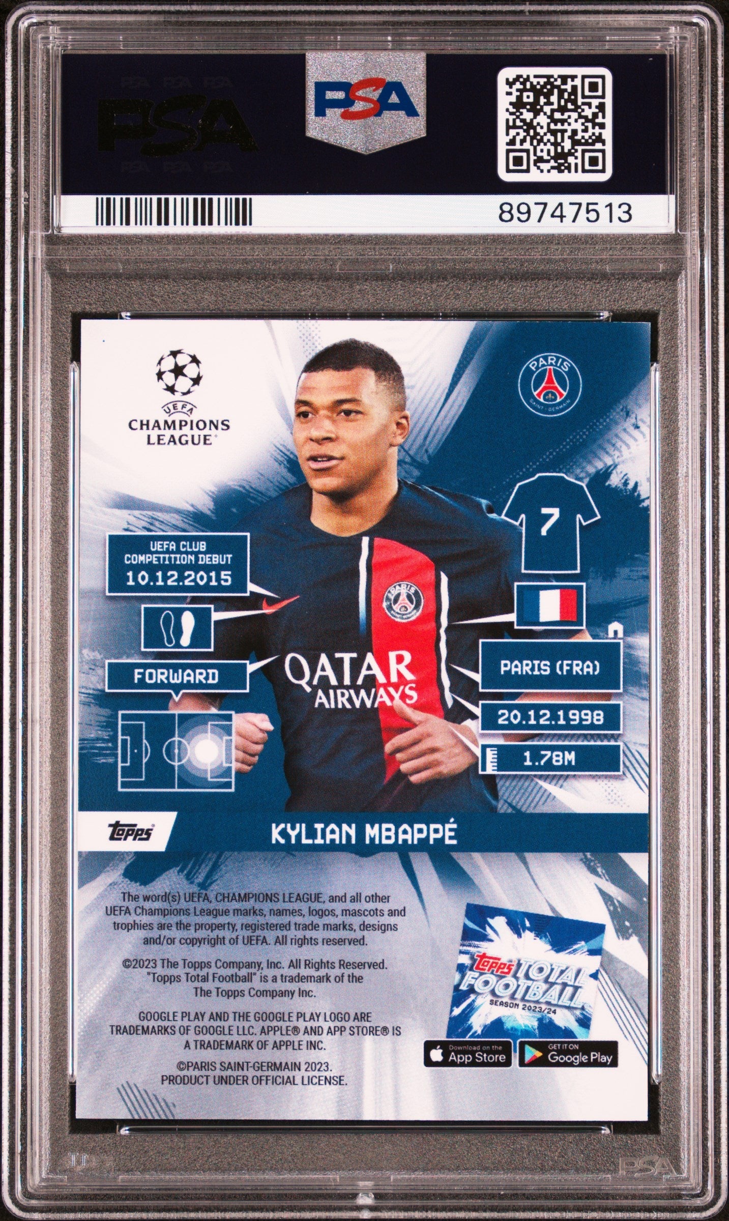 Graded 2023 Topps Total FB Kylian Mbappe #559 1st Edition #/99 Soccer Card PSA 10 Gem Mint