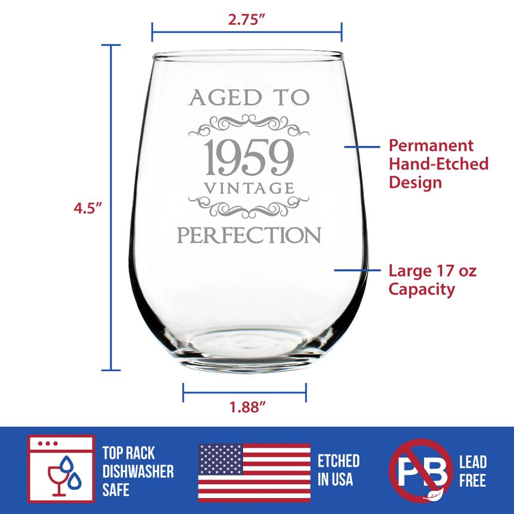 Aged to Perfection 1959 - Stemless Wine Glass - Gift for Men and Women Turning 65