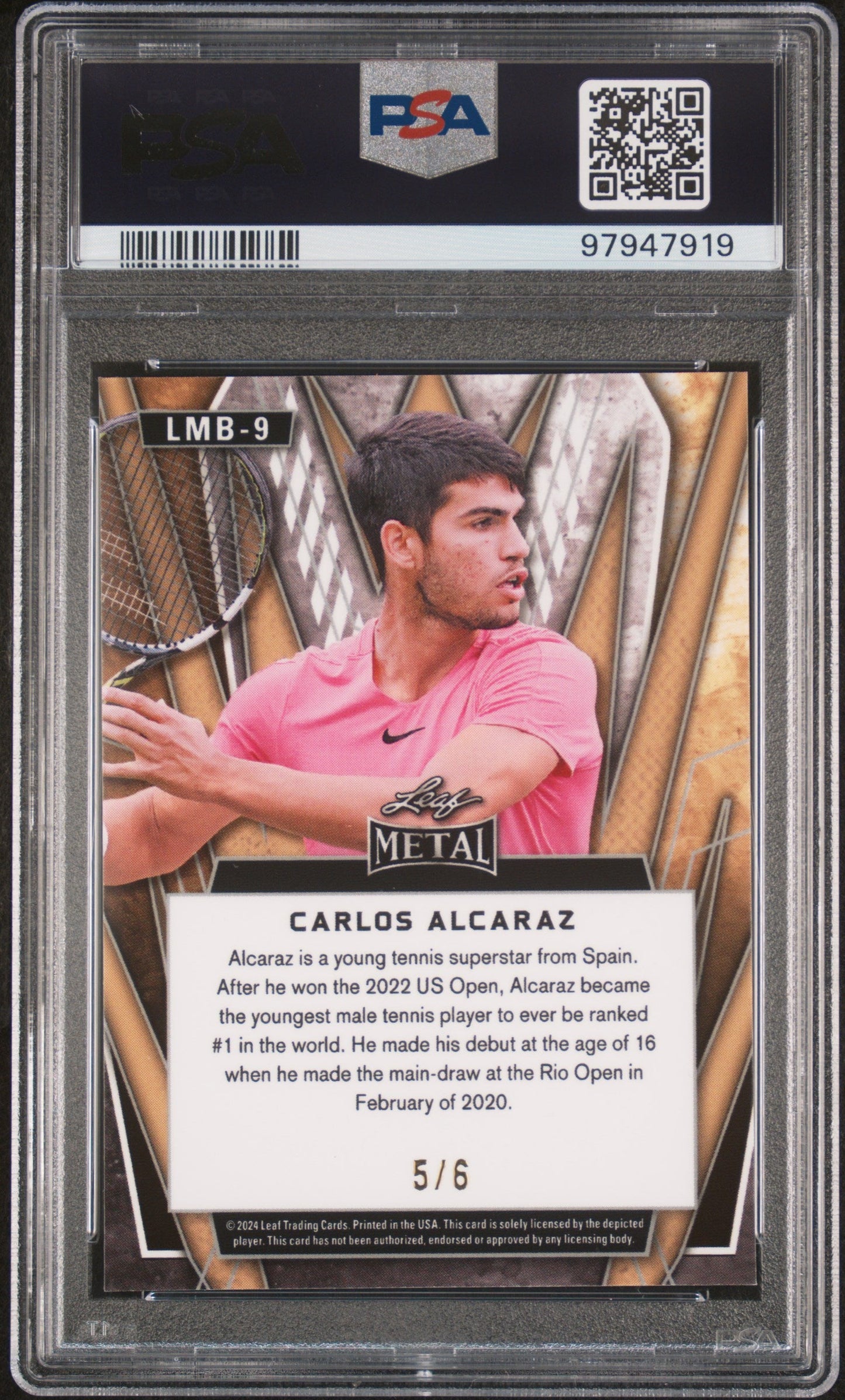 Graded 2024 Leaf NSCC Carlos Alcaraz #LMB9 Metal Pink /6 Tennis Card PSA 10 Gem Mint