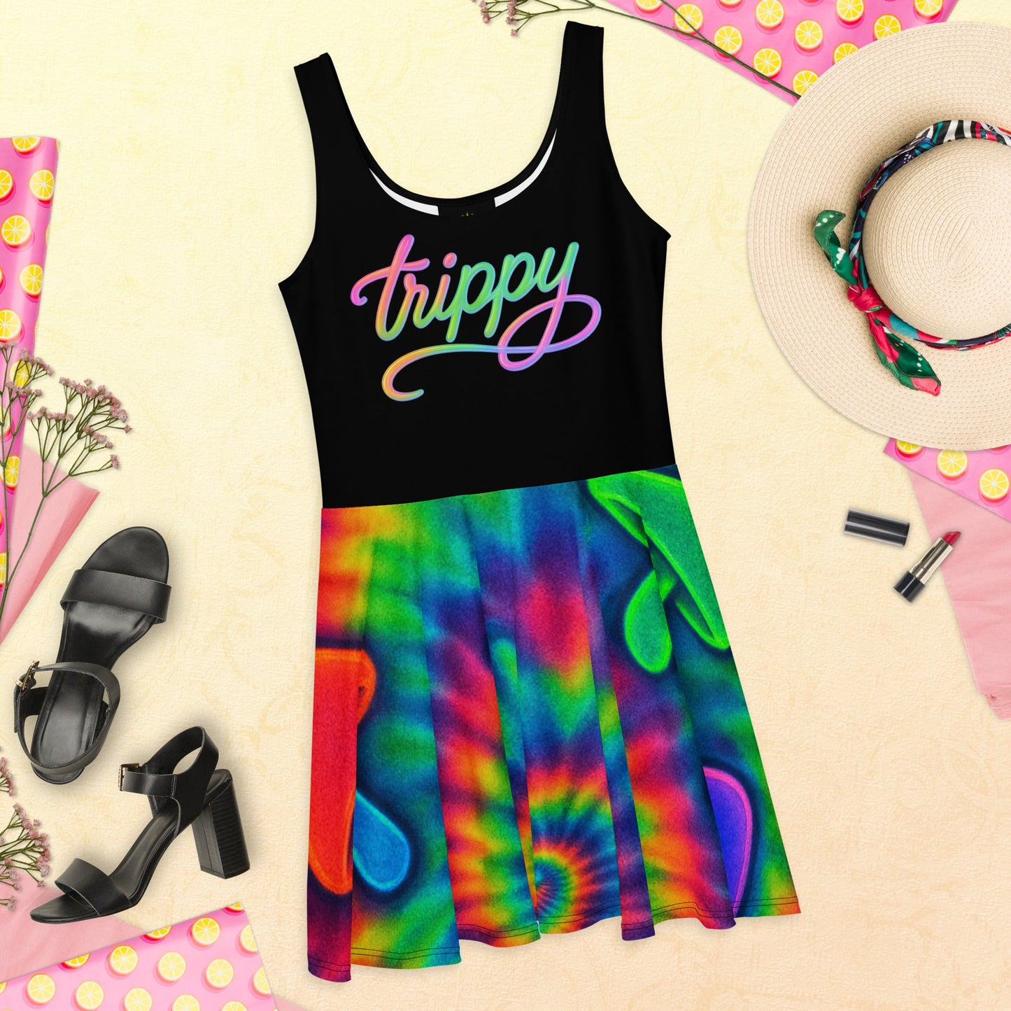 Trippy Tie-Dye Skater Dress – Neon Mushroom Festival Vibes