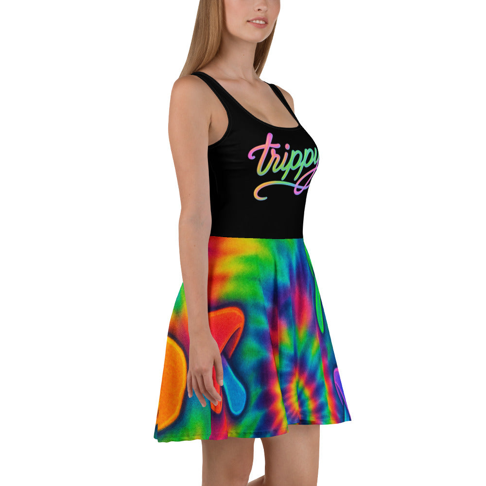 Trippy Tie-Dye Skater Dress – Neon Mushroom Festival Vibes