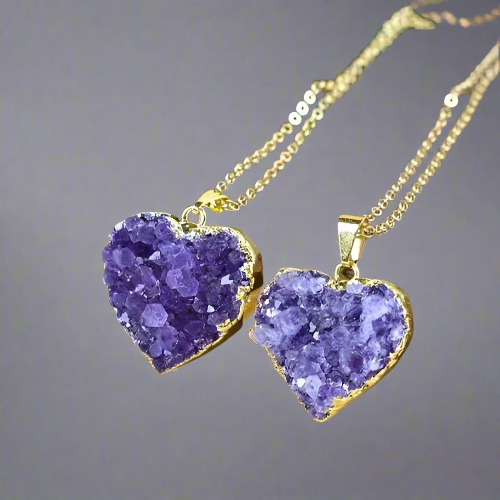 Amethyst Druzy Heart Necklace – 24K Gold Edged, 20” Chain