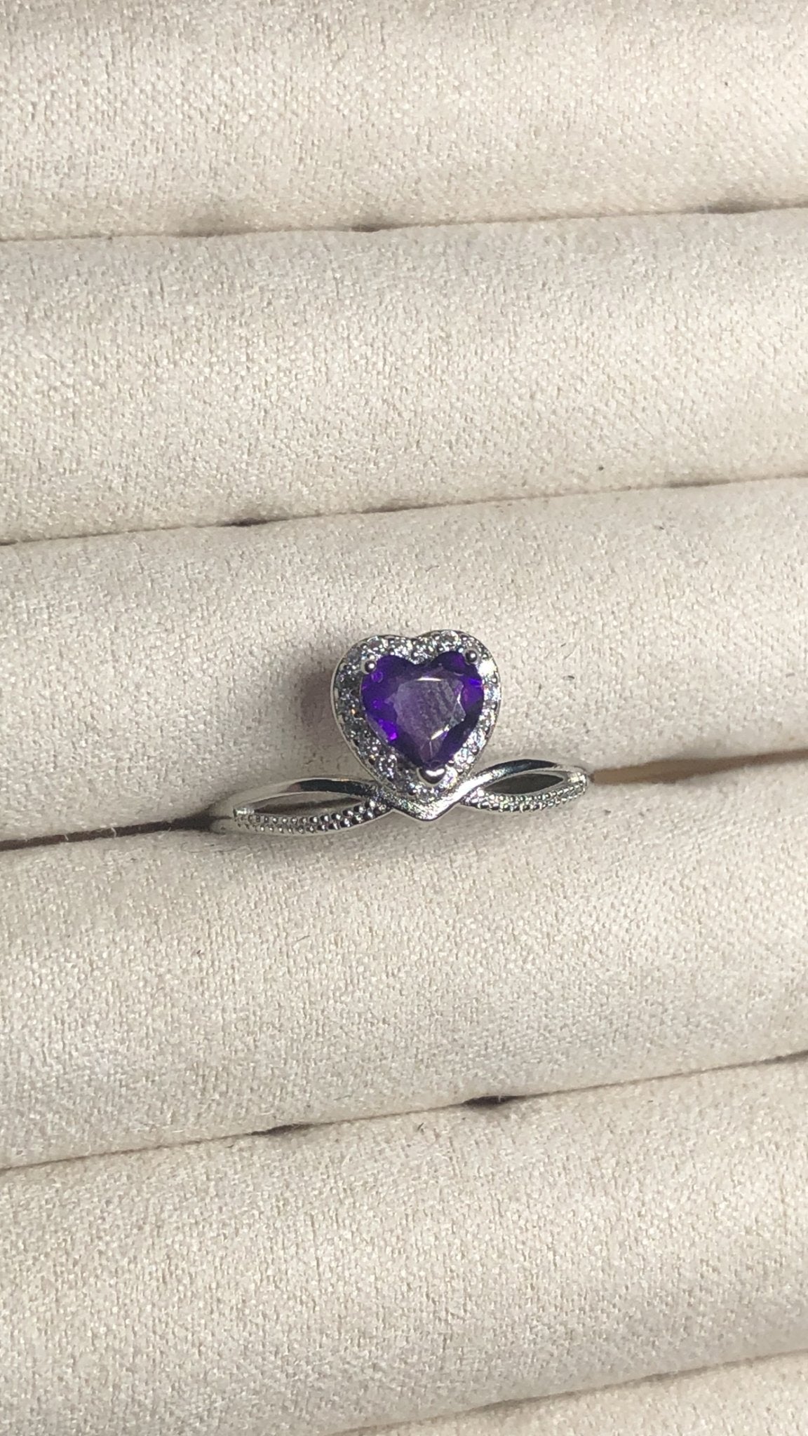 Amethyst Heart Ring – Adjustable, 925 Silver