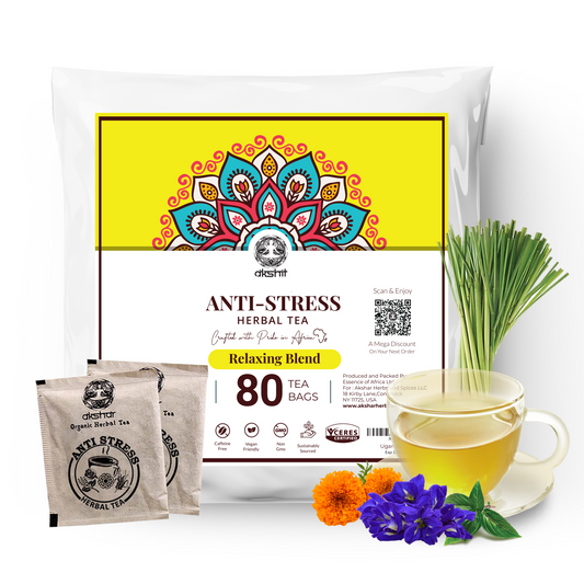 Akshit Natural Anti-Stress Tea (80 Tea Bags), Tulsi Marigold Butterfly Pea Flower Lemongrass Tea Blend , Relax Tea, Caffeine-free, Non-GMO Soothing Tea.