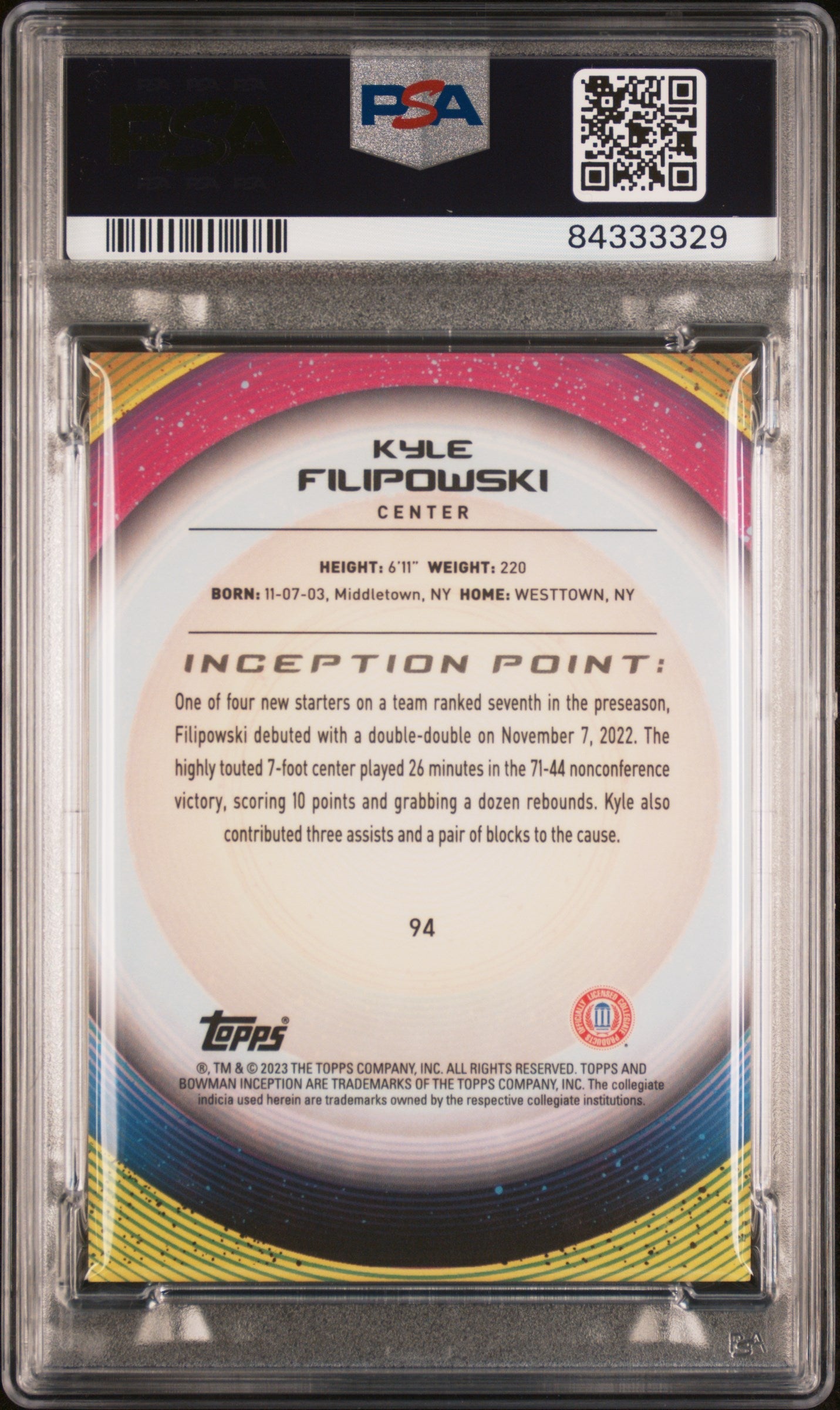 Graded 2022 Topps Bowman U Inception Kyle Filipowski #94 Aqua V Foil #/199 Rookie RC Basketball Card PSA 10 Gem Mint