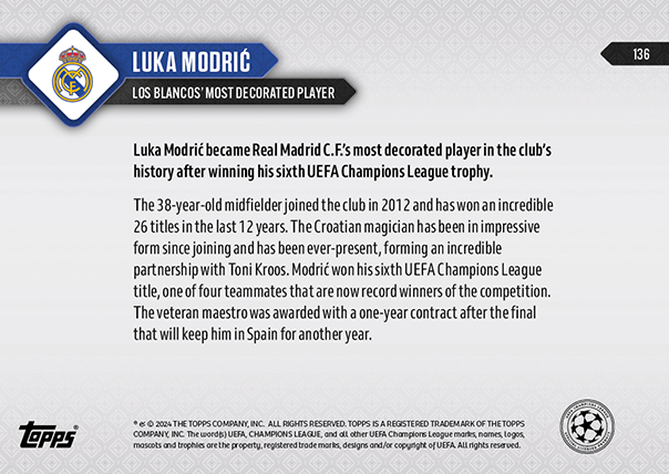 2024 Topps Now Luka Modric #136 Purple #/99 Soccer Card