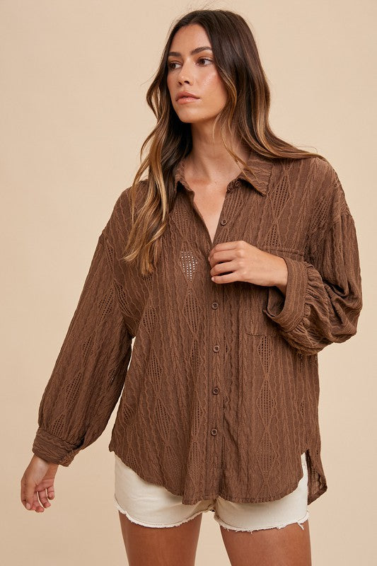 Annie Wear Openwork Button Down Drop Shoulder Shirt #2