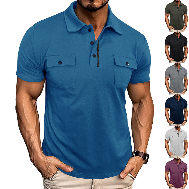 Lightweight Cotton Polo Shirt with Lapel Collar & Chest Pockets