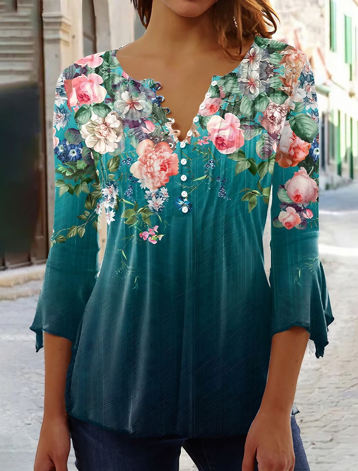 Floral V-Neck Pleated Top - 3/4 Sleeve Button Front Blouse
