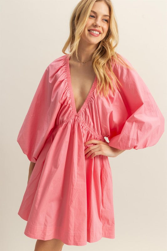 HYFVE Plunge Balloon Sleeve Poplin Mini Dress with Pockets