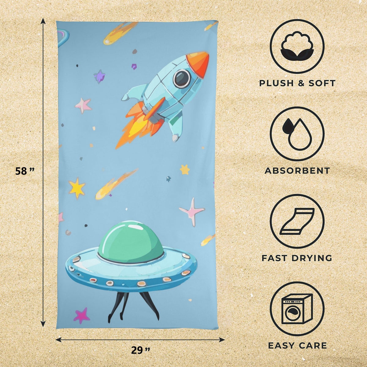 Space Illustration with Rocket Beach Towel 29" x 58" (Made in USA)