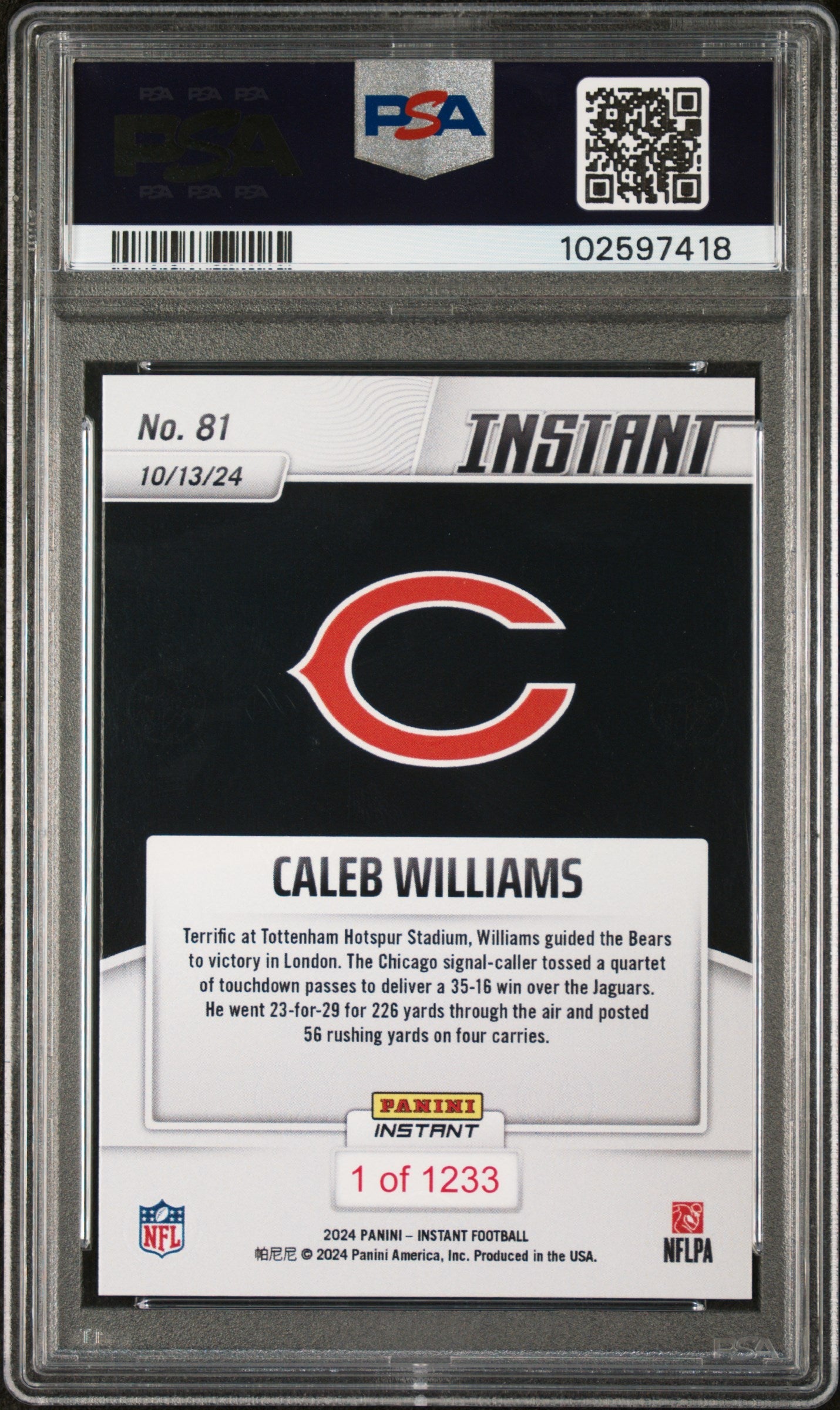 Graded 2024 Panini Instant NFL Caleb Williams #81 Rookie RC Football Card PSA 10 Gem Mint