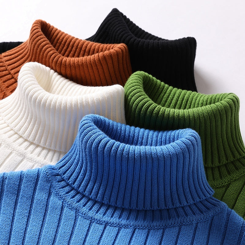 Ribbed Turtleneck Sweater - Blue Knit Slim Fit Winter Pullover