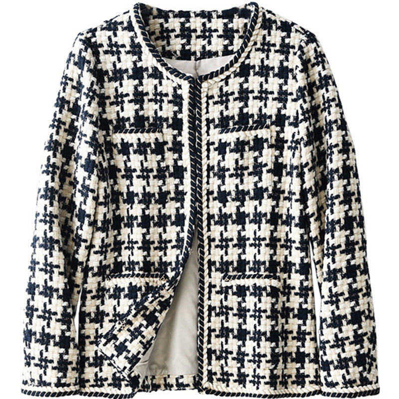 Navy Houndstooth Tweed Blazer Jacket - Round Neck Open Front