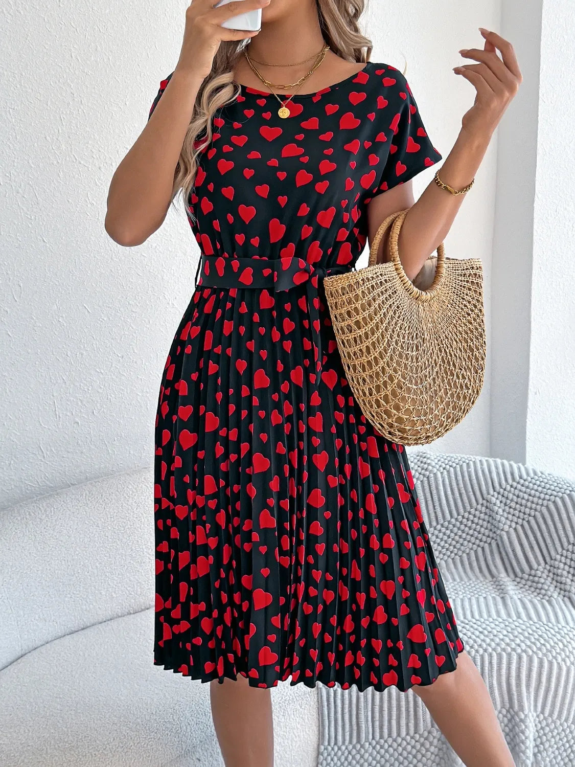 Heart Print Short Sleeve Tie Waist Dress