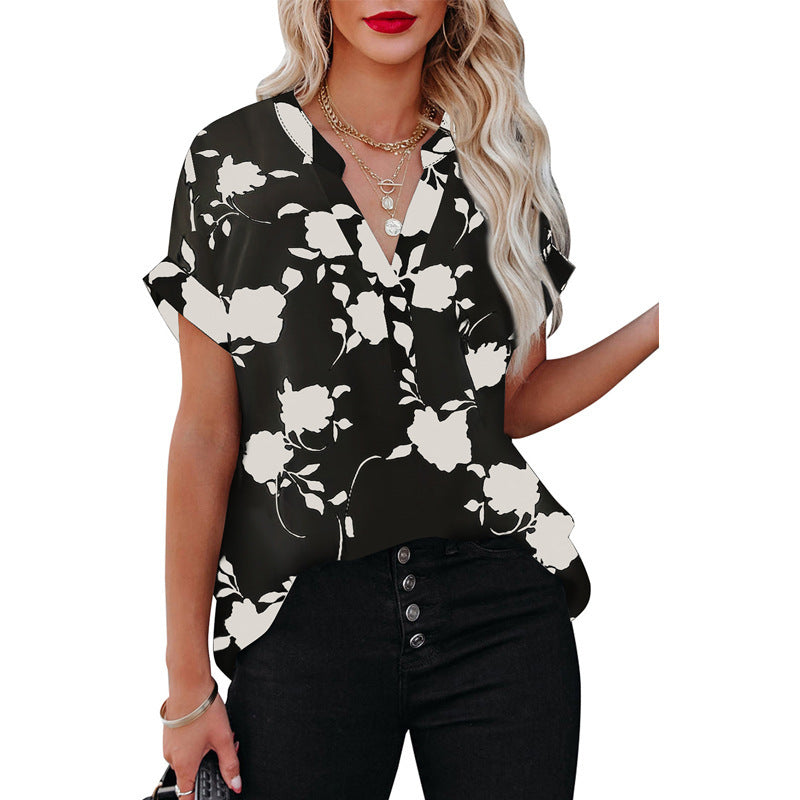 Women's Floral V-Neck Blouse - Lightweight Polyester Summer Top
