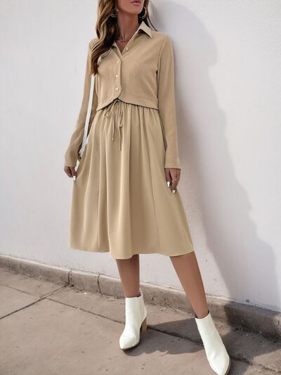 Perfee Fake Two Piece Collared Neck Long Sleeve Midi Dress