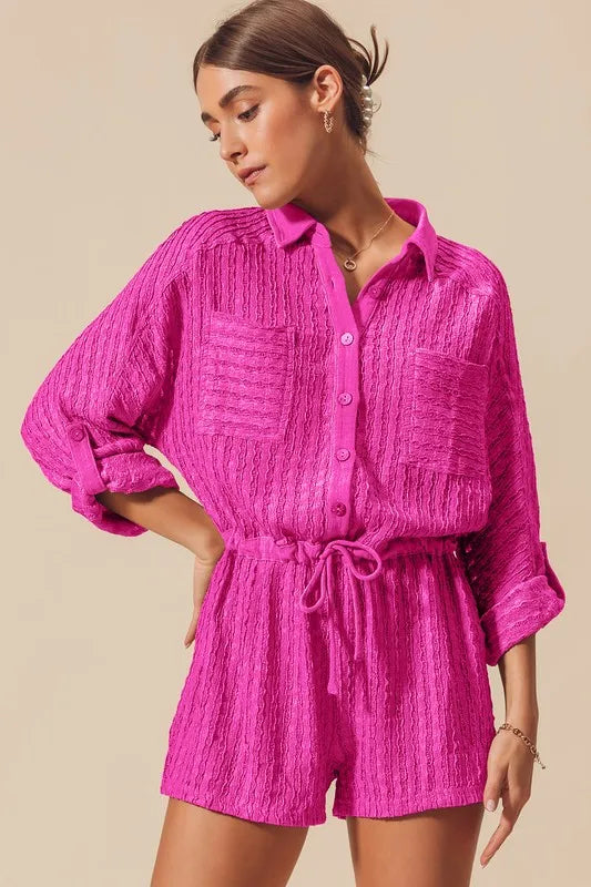 SO ME Textured Knit Button Front Romper