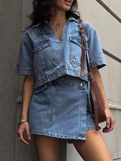 Johnny Collar Short Sleeve Top and Skort Denim Set