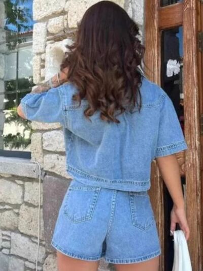 Johnny Collar Short Sleeve Top and Skort Denim Set