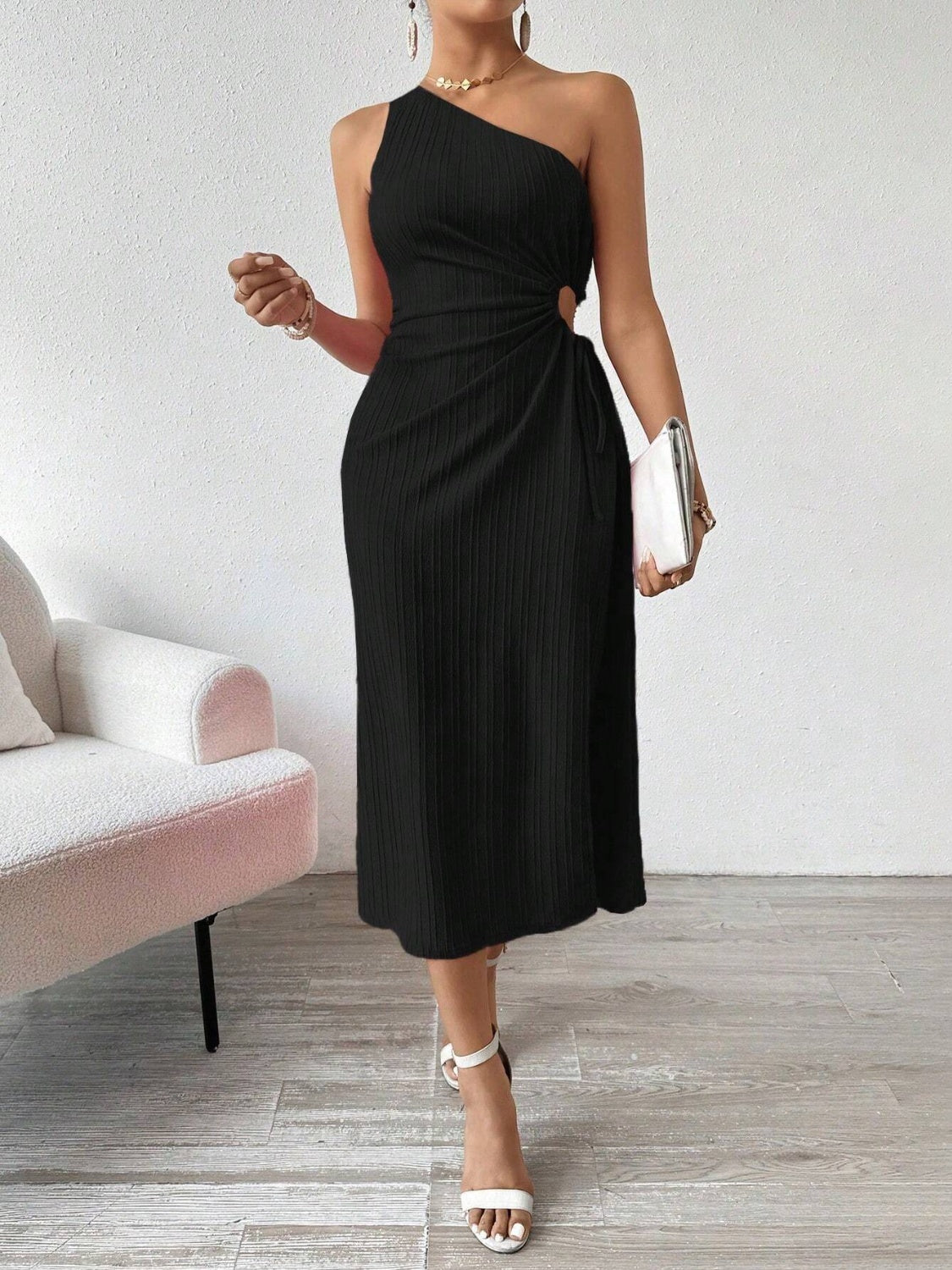 Side Slit Cutout Single Shoulder Dress
