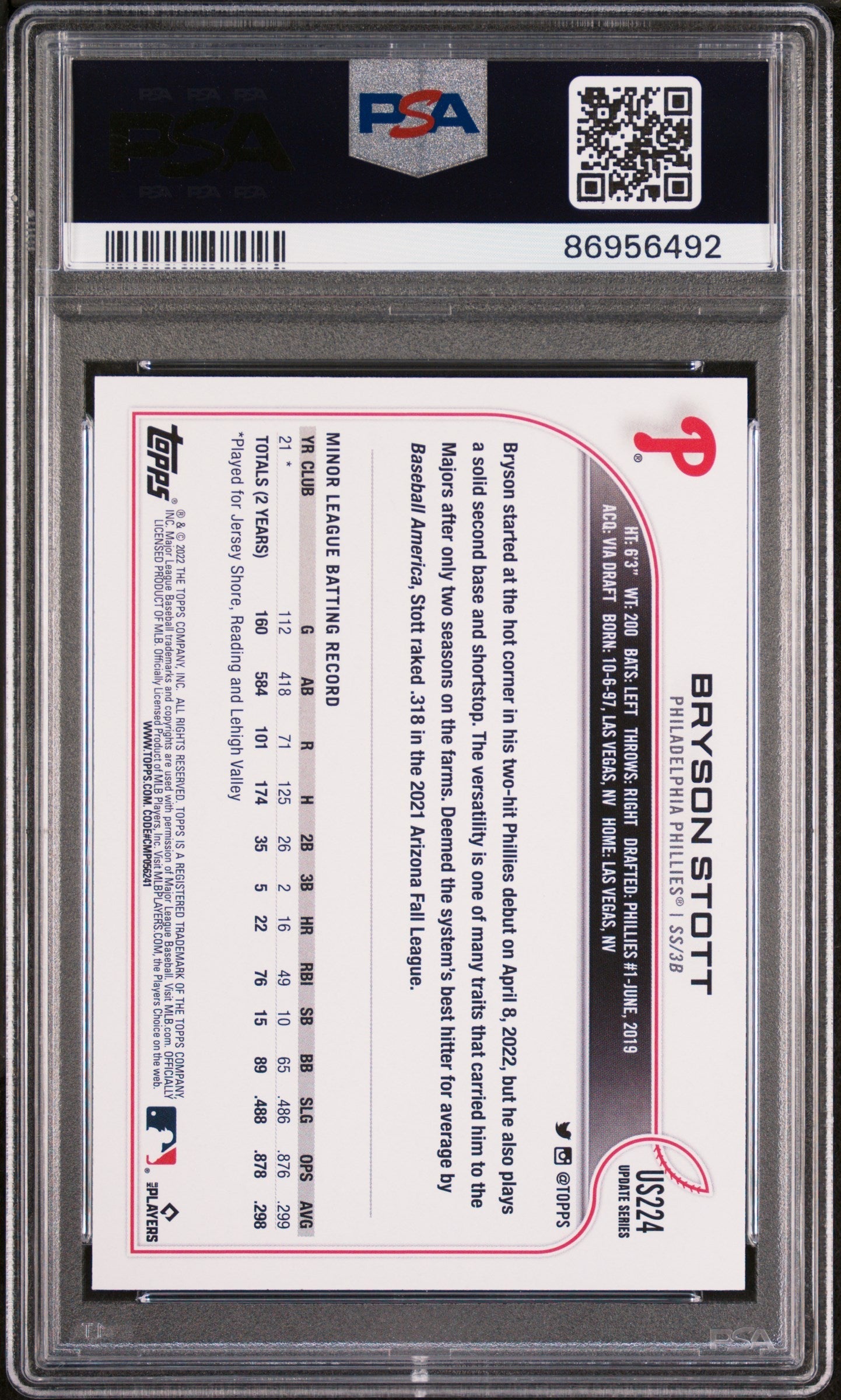 Graded 2022 Topps Update Bryson Stott #US224 Rookie RC Baseball Card PSA 10 Gem Mint