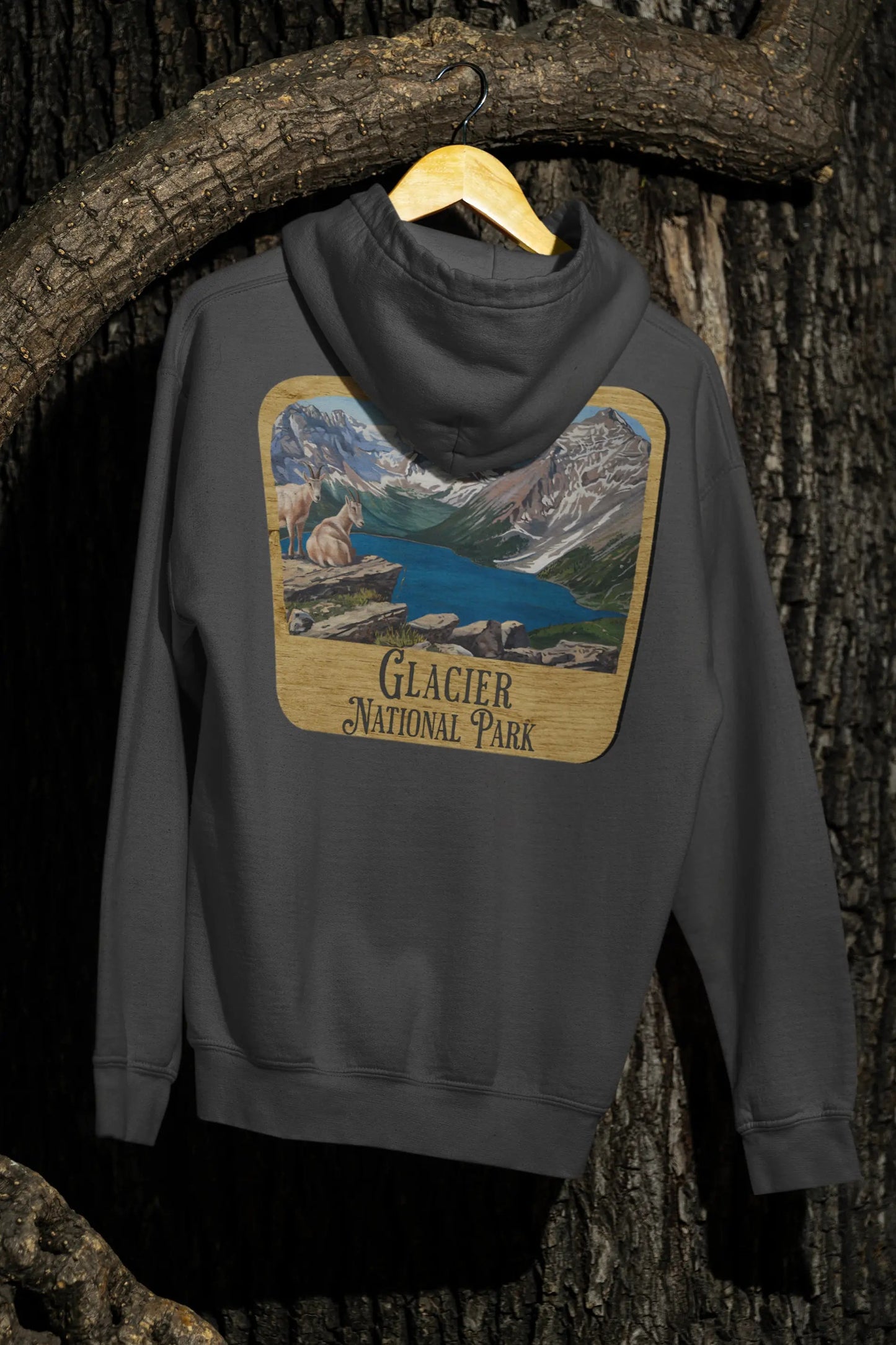 Glacier National Park Unisex Fit Fleece Hoodie Scenic Mountain Goat View Graphic Wooden Sign