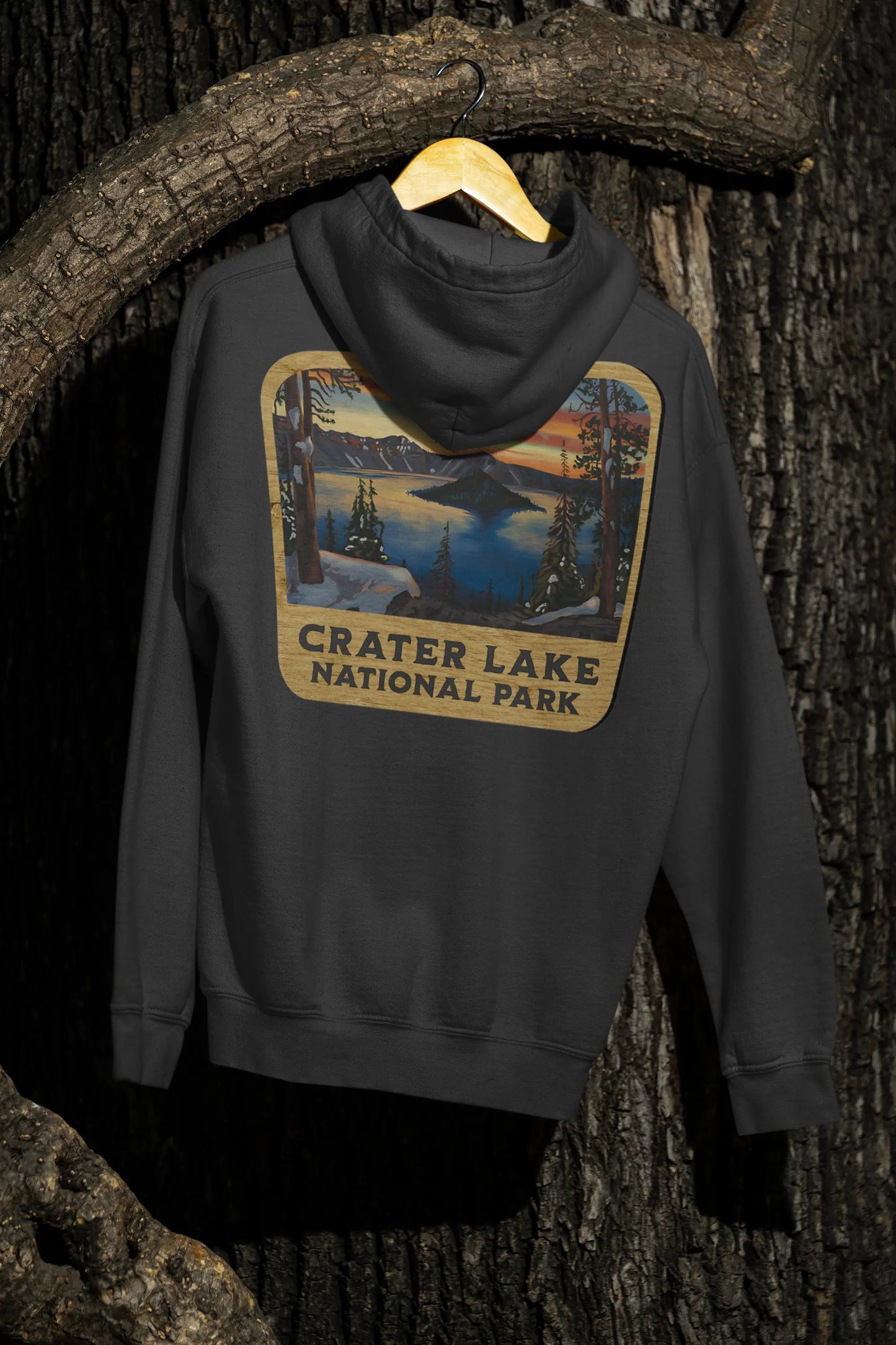 Crater Lake National Park Unisex Fit Fleece Hoodie Scenic View Graphic Wooden Mountain Sign