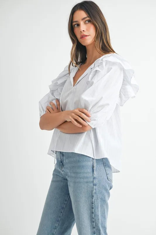 MABLE Stripe Ruffle Shoulder Puff Sleeve Blouse
