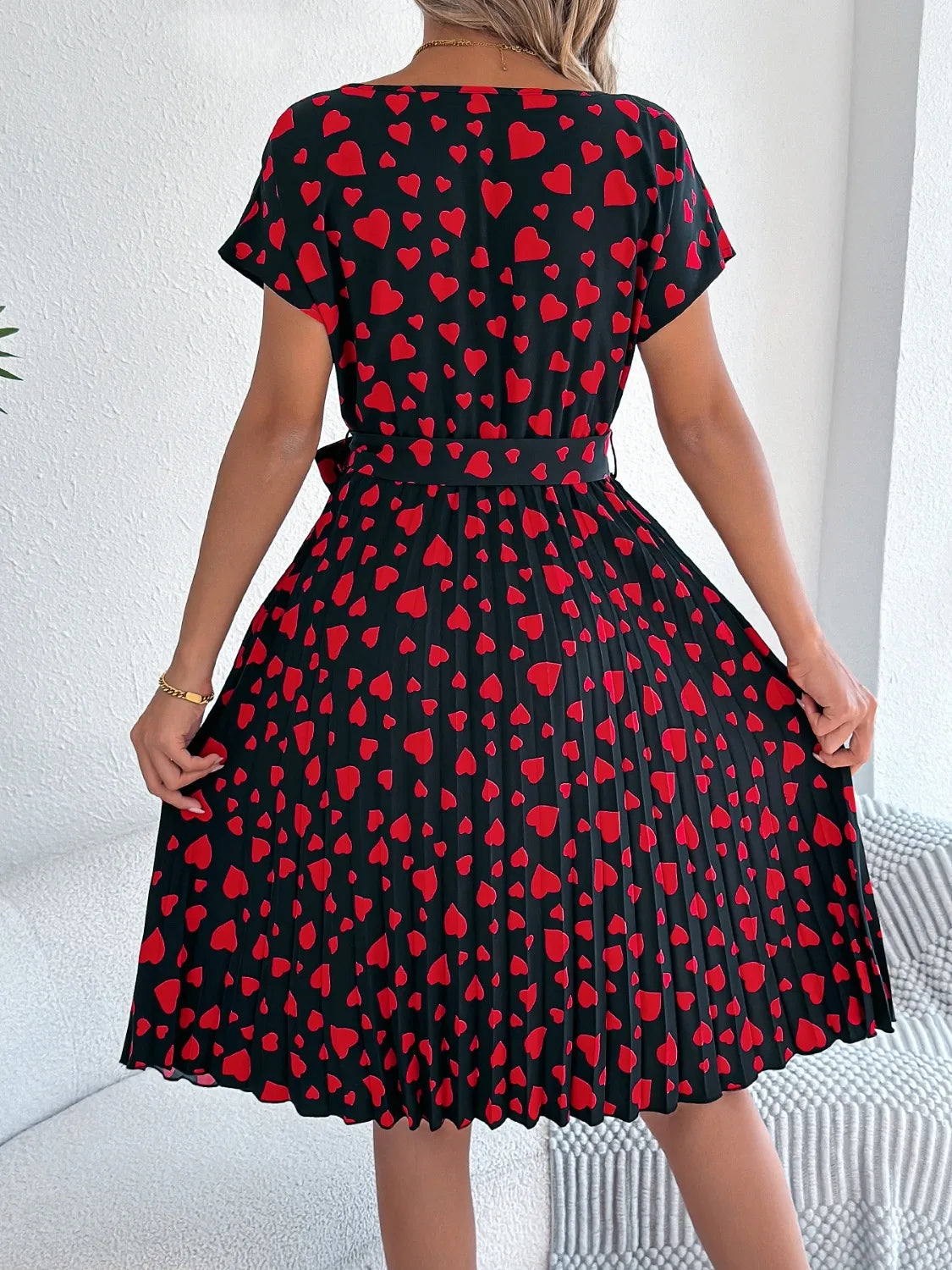 Heart Print Short Sleeve Tie Waist Dress