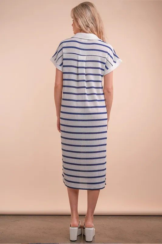 VERY J Oversized Collared Striped Knit Midi Dress