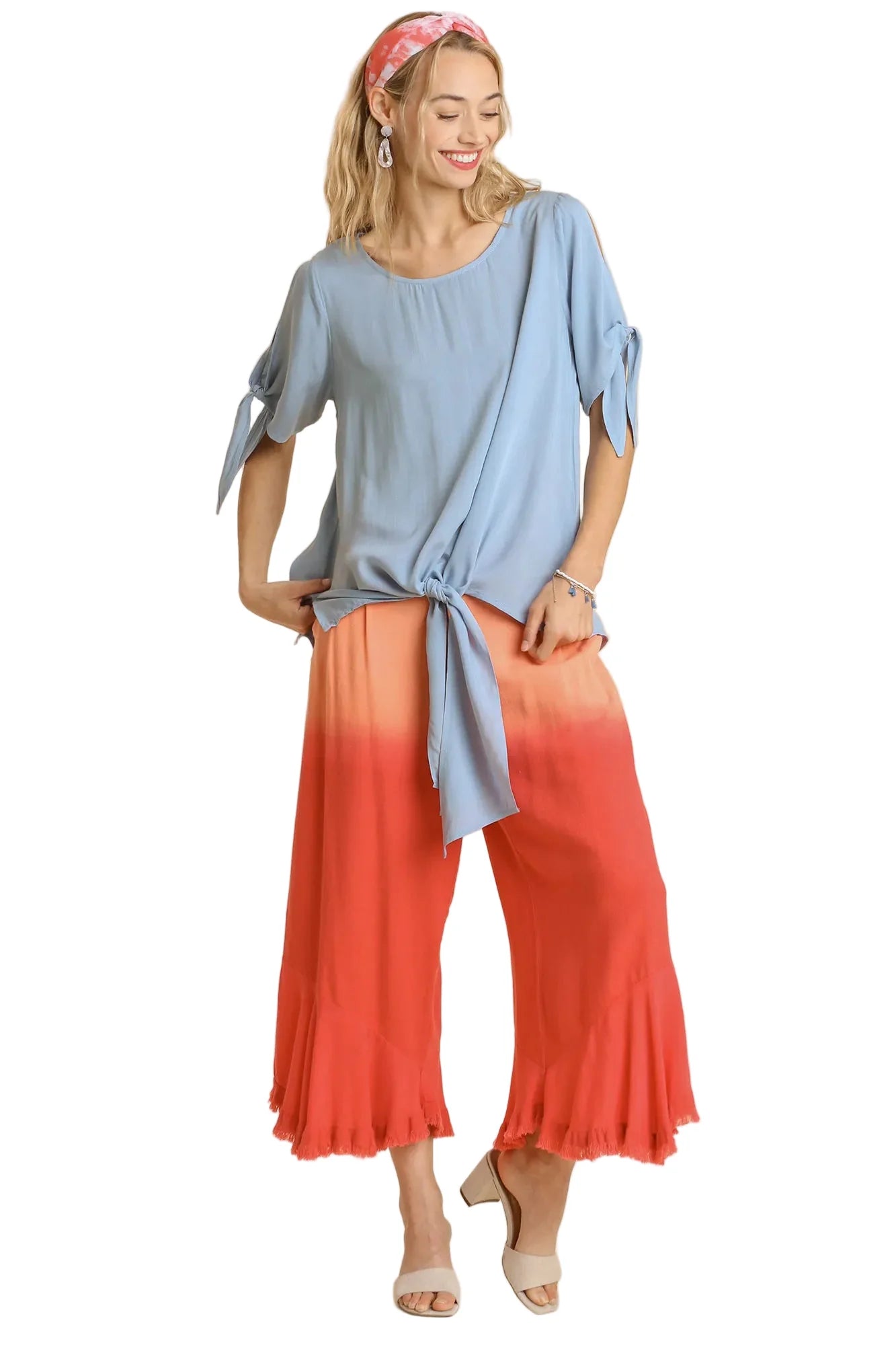 Cold Shoulder Short Sleeve Round Neck Top with Side Slits and Tie-able Knot Details