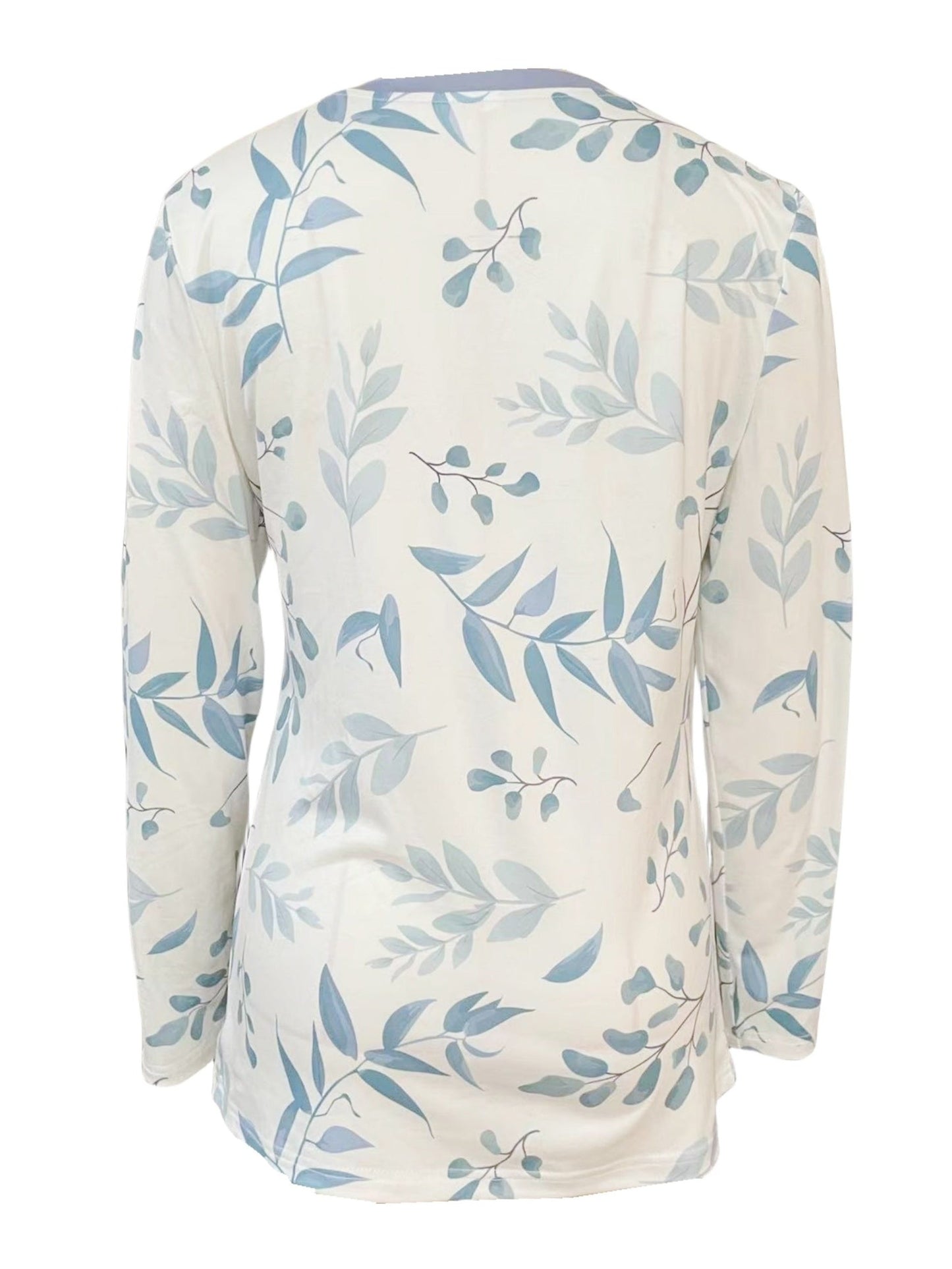 Botanical Leaf Print Button Front Long Sleeve Tee - Blue White