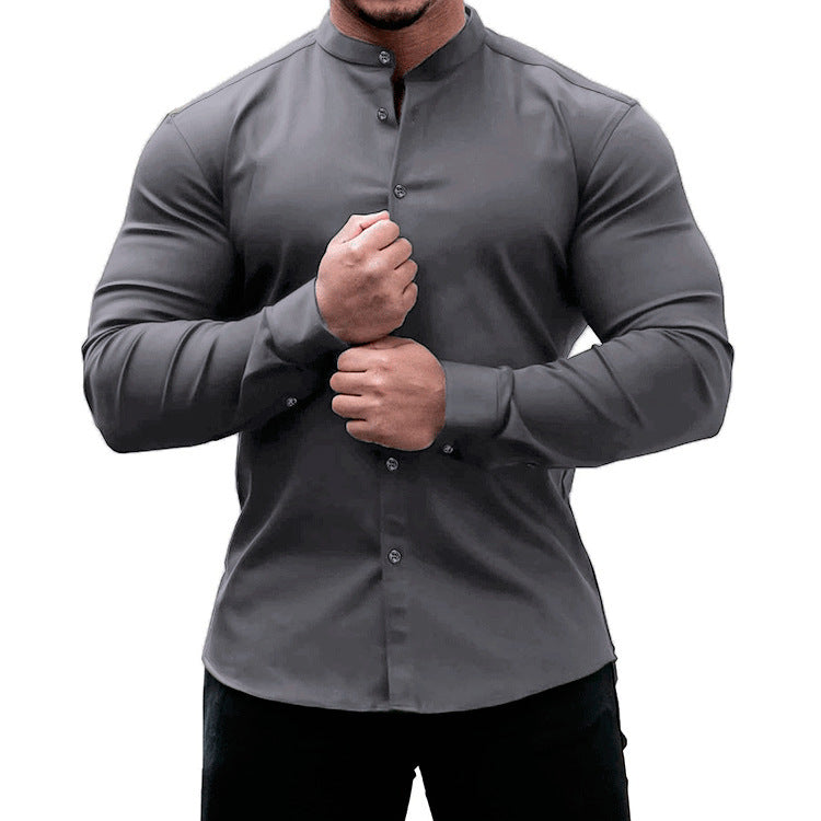 Mandarin Collar Shirt Men - Slim Fit Polyester Long Sleeve
