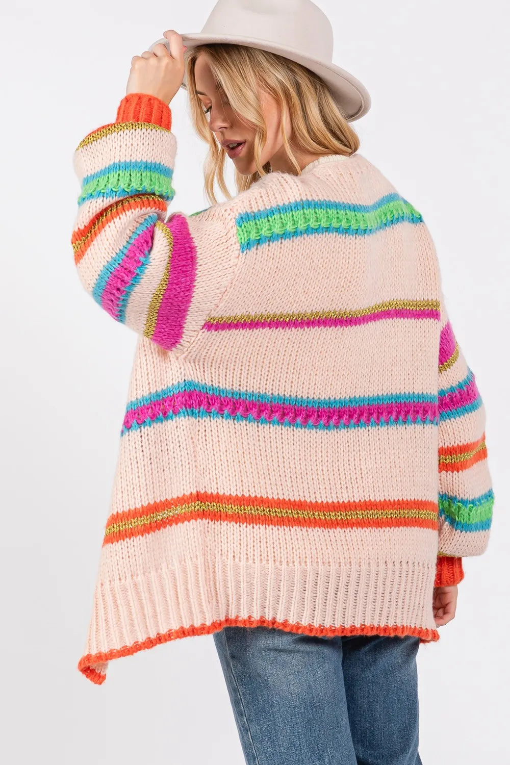 SAGE FIG Rainbow Striped Open Front Knit Cardigan