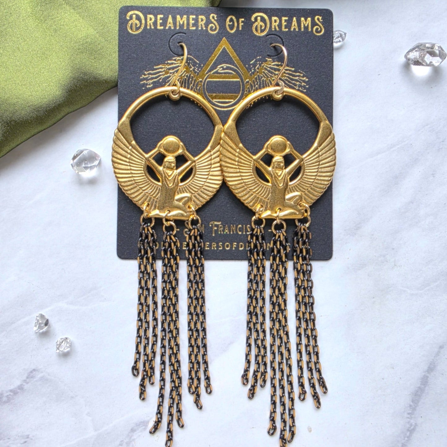 Brass Isis and Herkimer Chain Earrings