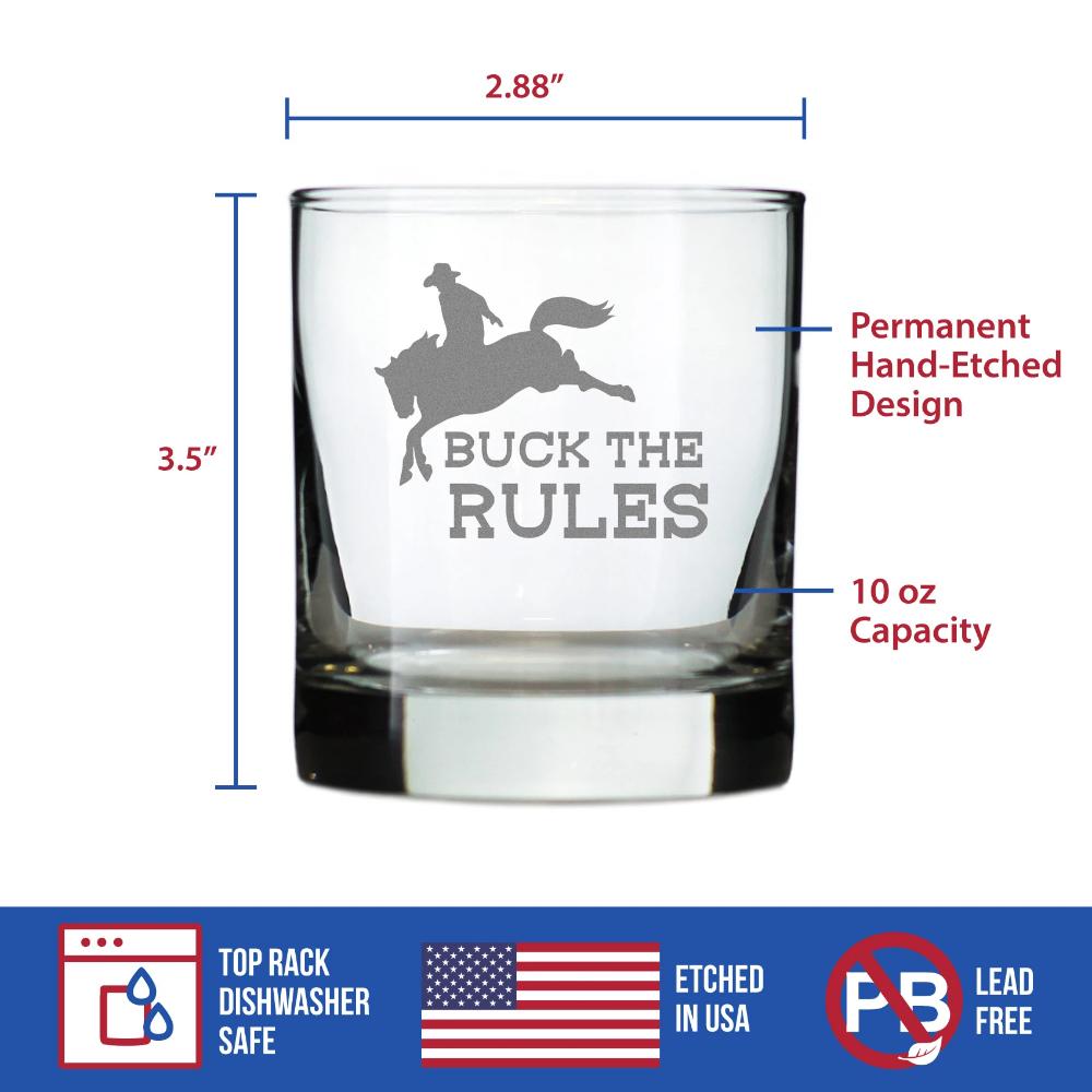Buck the Rules - Funny Horse Whiskey Rocks Glass Gifts for Men & Women - Fun Whisky Drinking Tumbler Decor