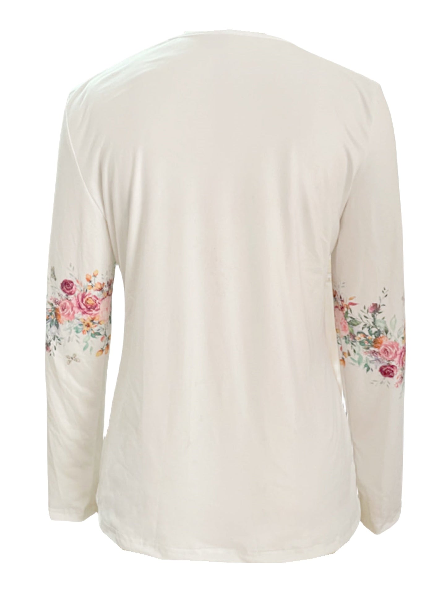 White Rose Print Long Sleeve Tee - Button Detail Floral Top