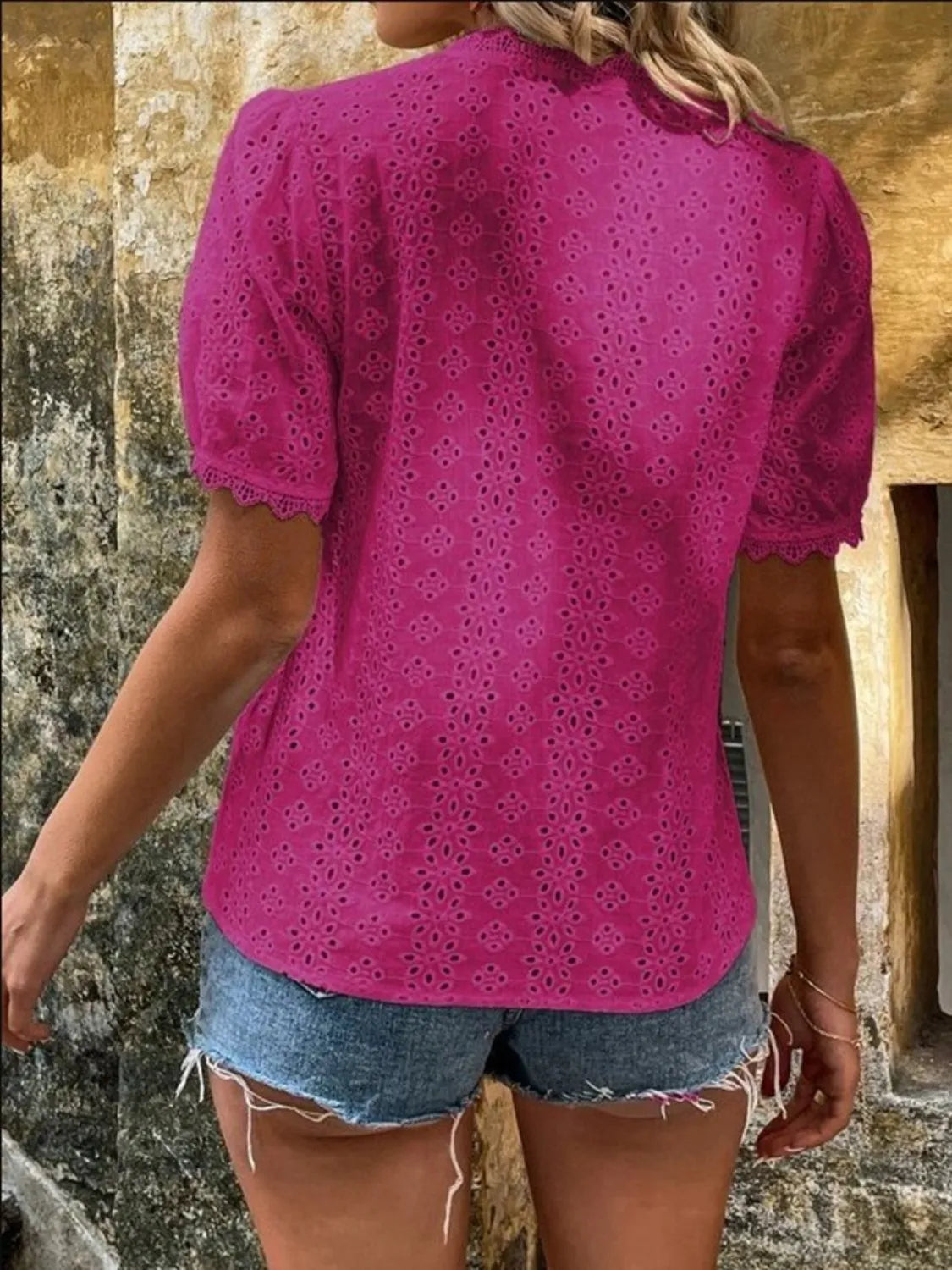 Full Size Eyelet V-Neck Short Sleeve Blouse Plus Size